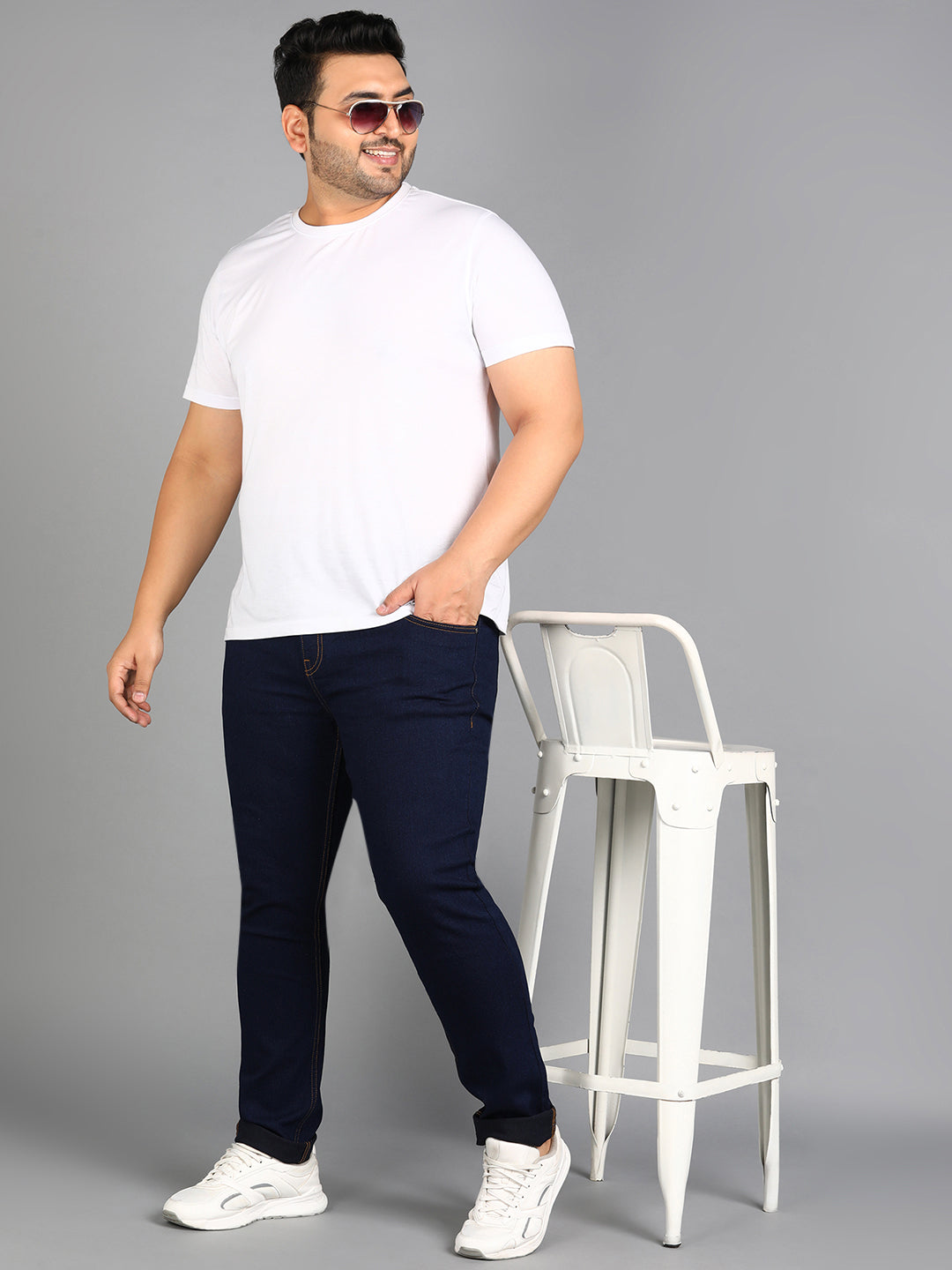 Plus Men's Dark Blue Regular Fit Washed Jeans Stretchable