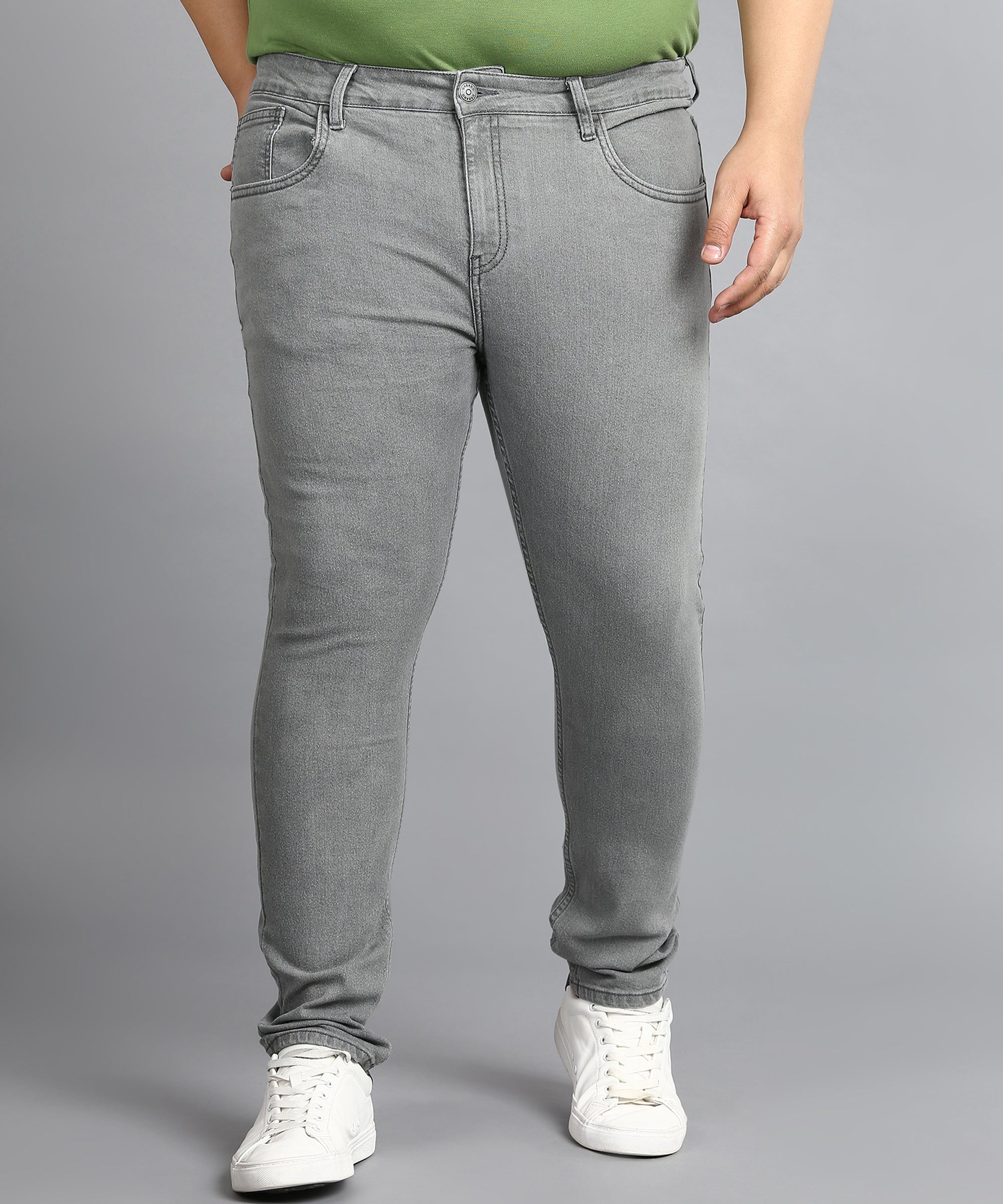 Plus Men's Light Grey Regular Fit Washed Jeans Stretchable