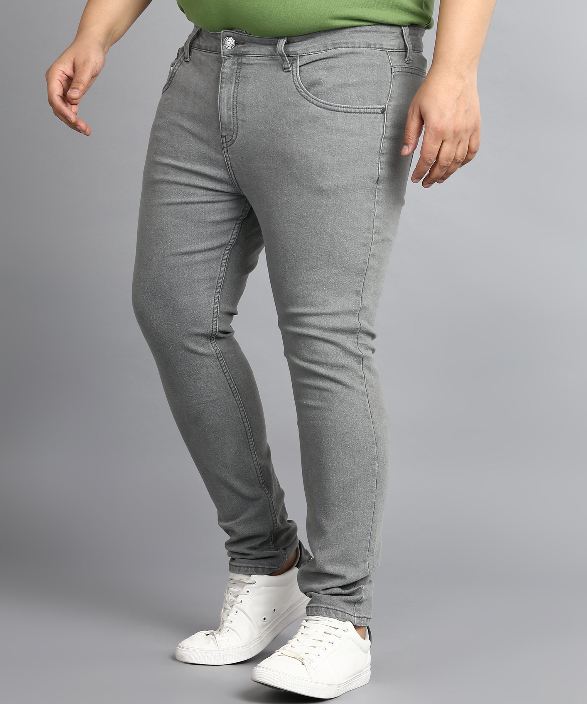 Plus Men's Light Grey Regular Fit Washed Jeans Stretchable