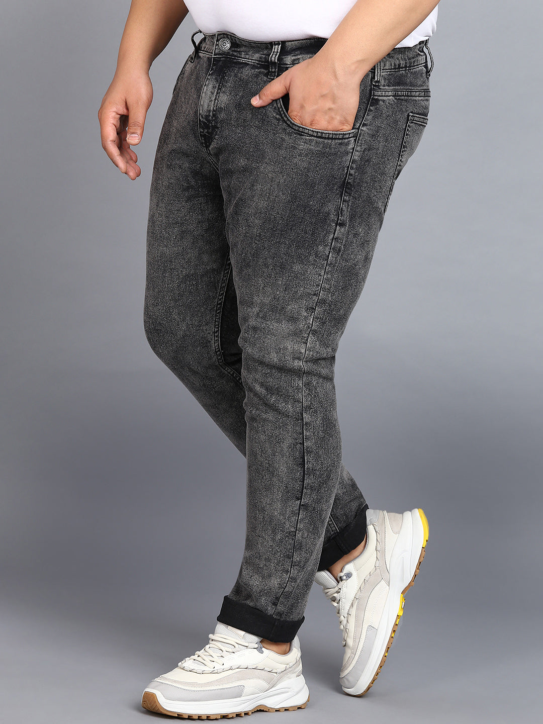 Plus Men's Black Regular Fit Washed Jeans Stretchable