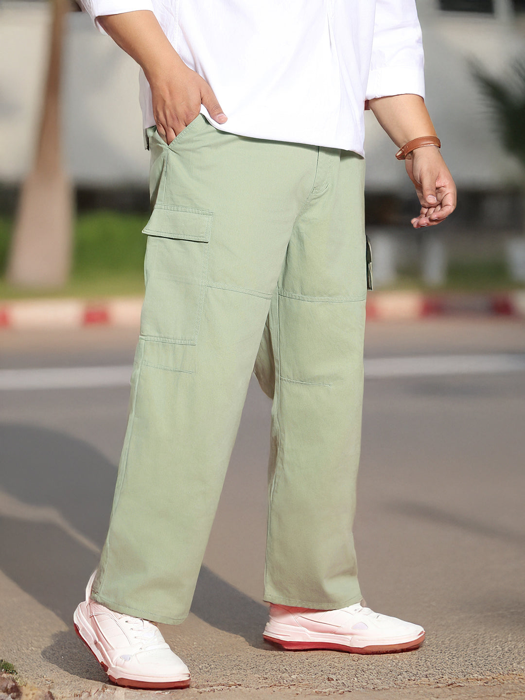 Plus Men's Pista Loose Baggy Fit Solid Cargo Chino Pant with Pockets Non-Stretchable