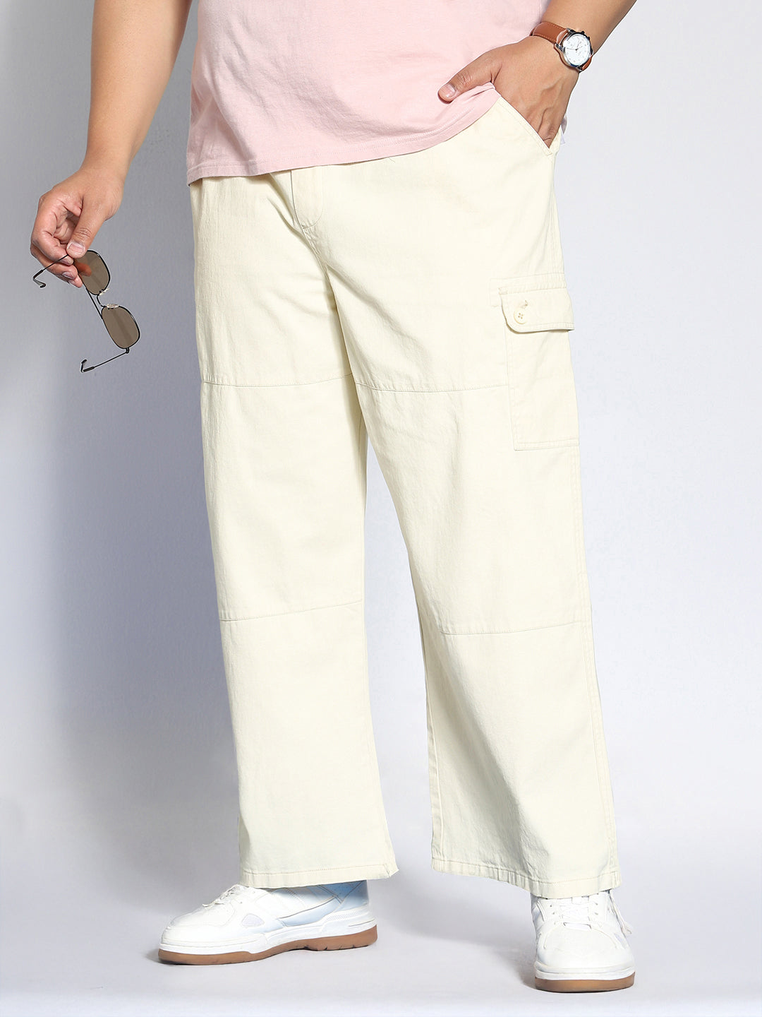 Plus Men's Cream Loose Baggy Fit Cargo Jogger Chino Pant with 6 Pockets Stretchable