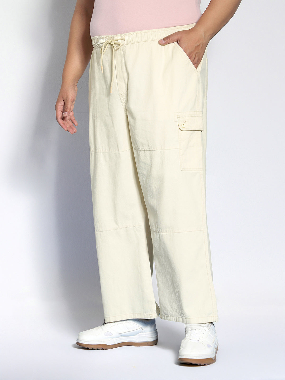 Plus Men's Cream Loose Baggy Fit Cargo Jogger Chino Pant with 6 Pockets Stretchable