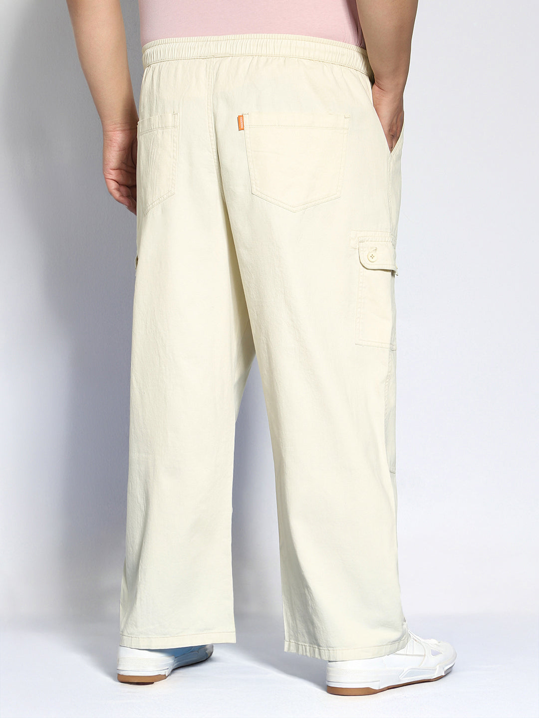 Plus Men's Cream Loose Baggy Fit Cargo Jogger Chino Pant with 6 Pockets Stretchable