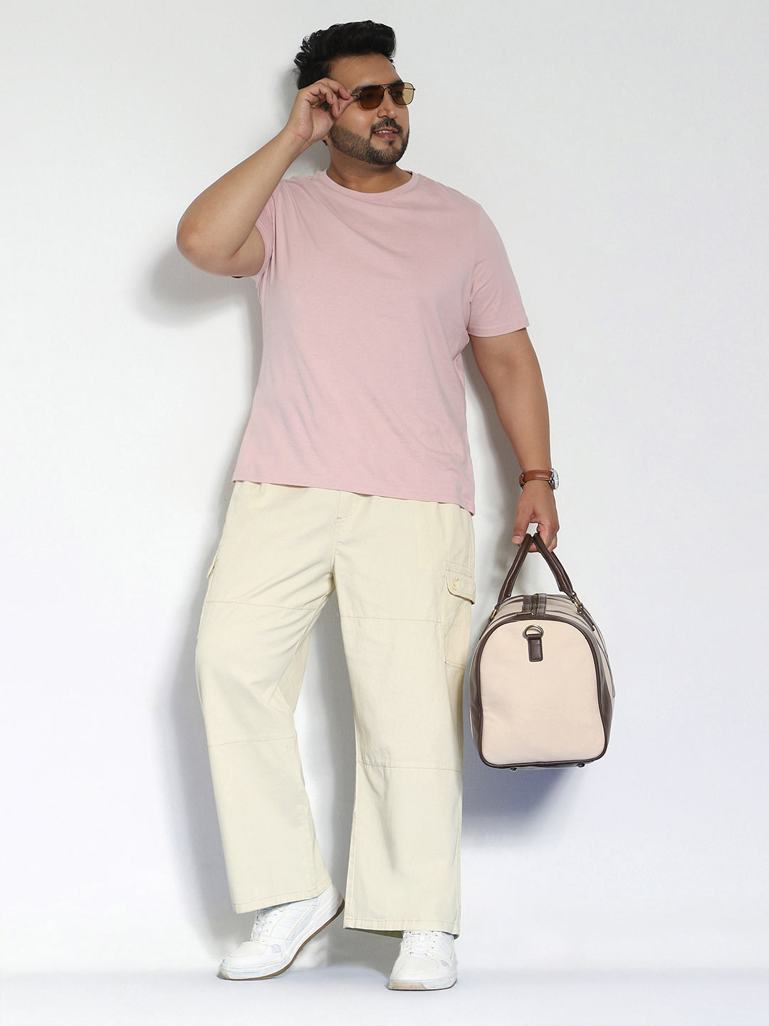 Plus Men's Cream Loose Baggy Fit Cargo Jogger Chino Pant with 6 Pockets Stretchable