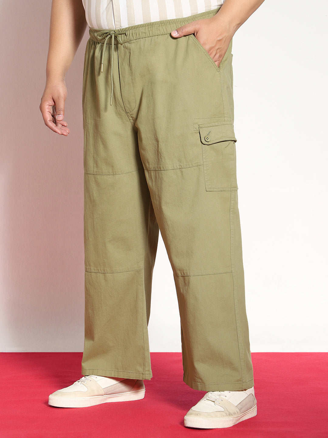 Plus Men's Light Olive Loose Baggy Fit Cargo Jogger Chino Pant with 6 Pockets Stretchable