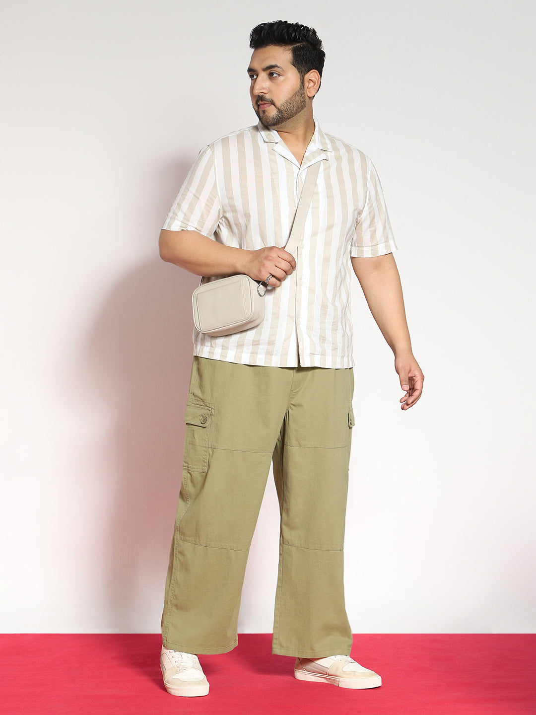 Plus Men's Light Olive Loose Baggy Fit Cargo Jogger Chino Pant with 6 Pockets Stretchable