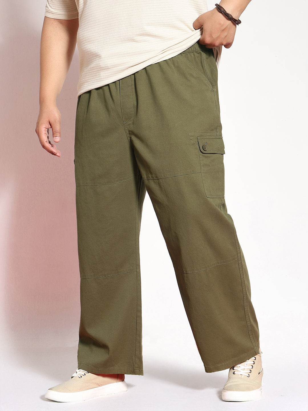 Plus Men's Medium Olive Loose Baggy Fit Cargo Jogger Chino Pant with 6 Pockets Stretchable