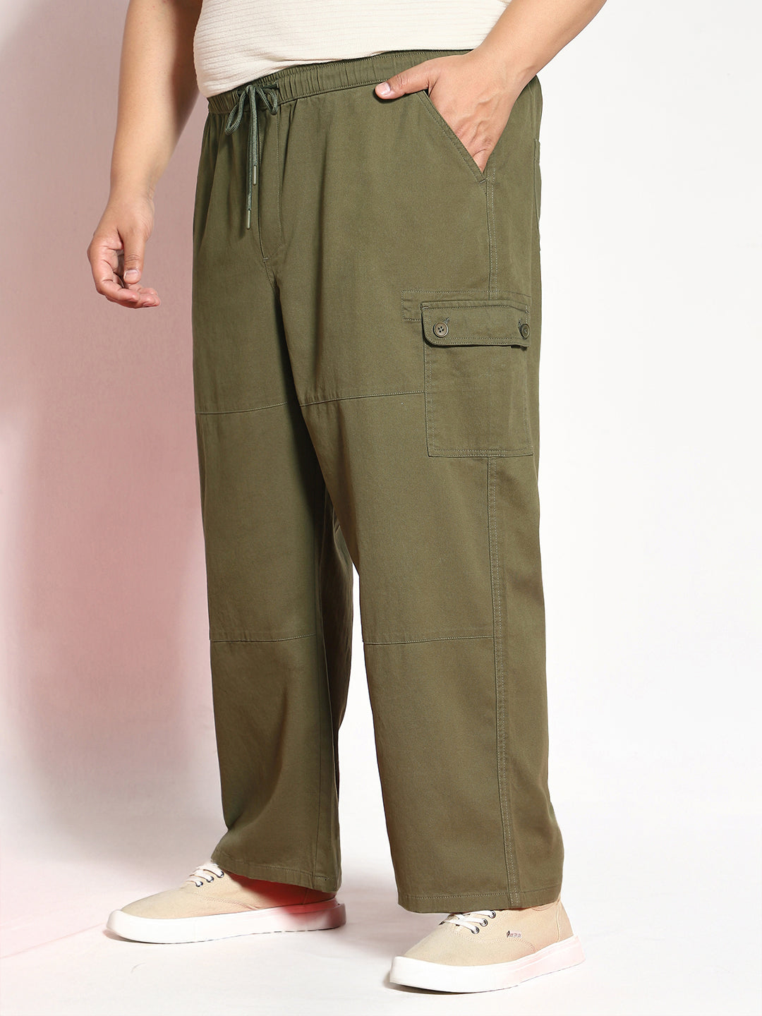 Plus Men's Medium Olive Loose Baggy Fit Cargo Jogger Chino Pant with 6 Pockets Stretchable