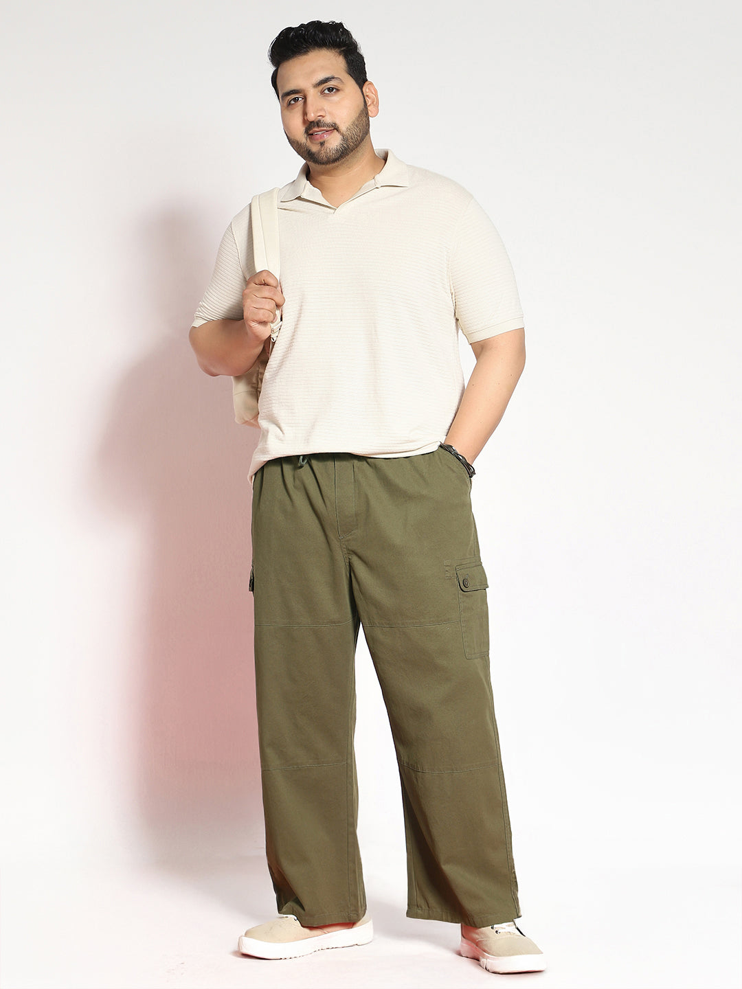 Plus Men's Medium Olive Loose Baggy Fit Cargo Jogger Chino Pant with 6 Pockets Stretchable
