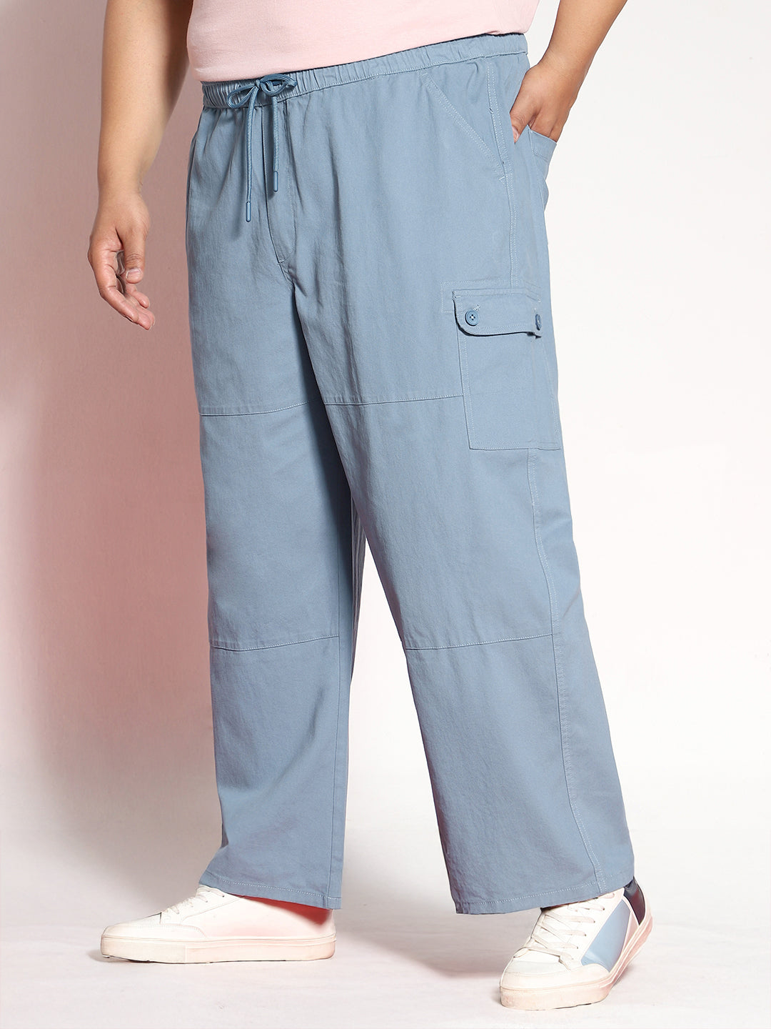 Plus Men's Steel Blue Loose Baggy Fit Cargo Jogger Chino Pant with 6 Pockets Stretchable