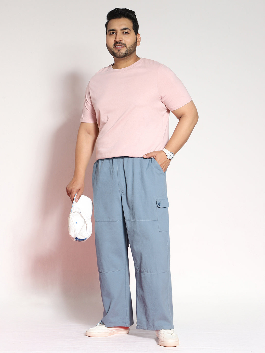 Plus Men's Steel Blue Loose Baggy Fit Cargo Jogger Chino Pant with 6 Pockets Stretchable