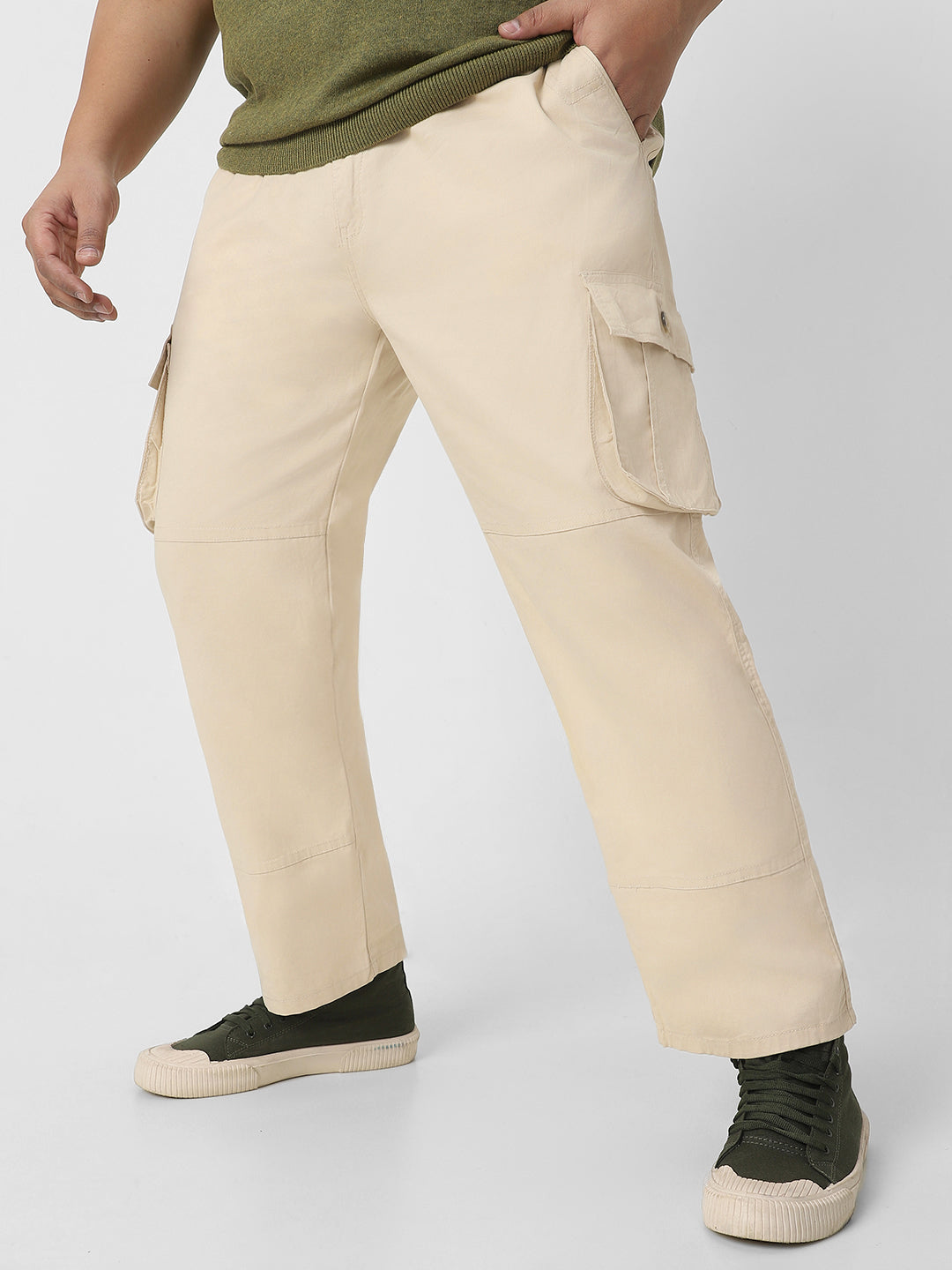 Plus Men's Cream Regular Fit Solid Cargo Chino Pant with 6 Pockets