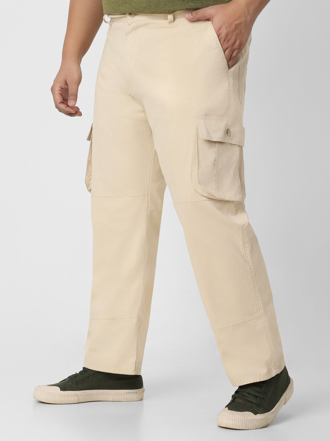 Plus Men's Cream Regular Fit Solid Cargo Chino Pant with 6 Pockets