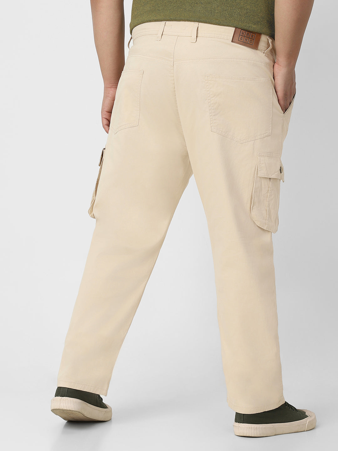 Plus Men's Cream Regular Fit Solid Cargo Chino Pant with 6 Pockets