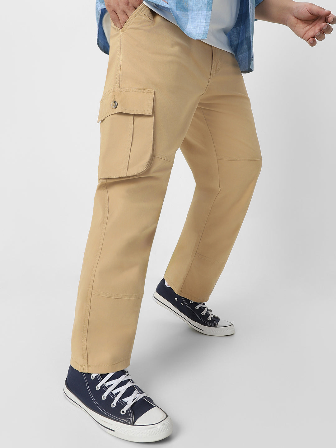 Plus Men's Beige Regular Fit Solid Cargo Chino Pant with 6 Pockets