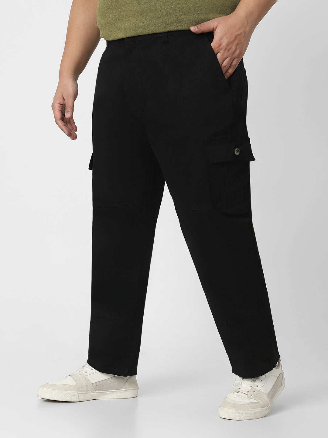 Plus Men's Black Regular Fit Solid Cargo Chino Pant with 6 Pockets