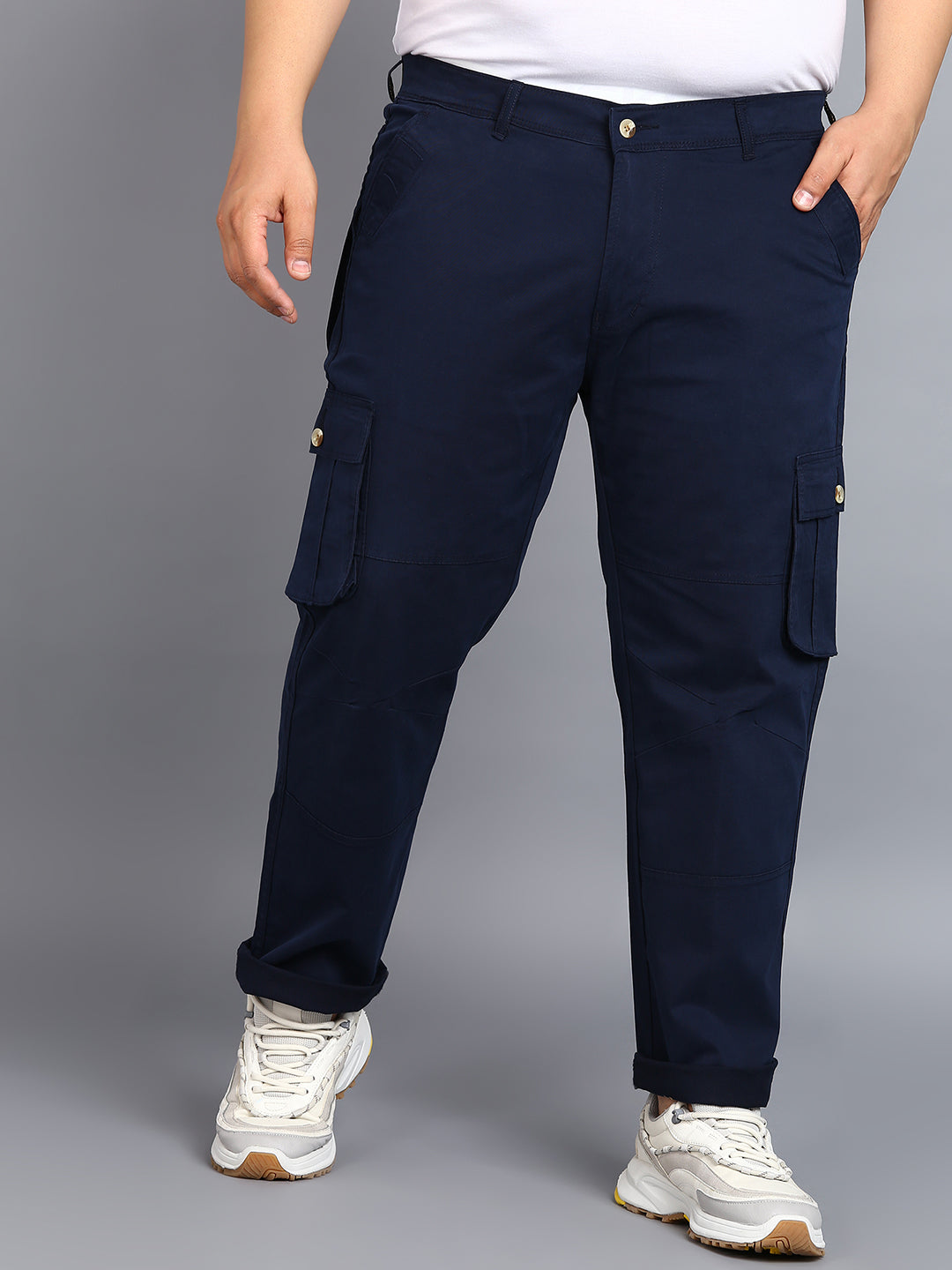 Plus Men's Navy Blue Regular Fit Solid Cargo Chino Pant with 6 Pockets