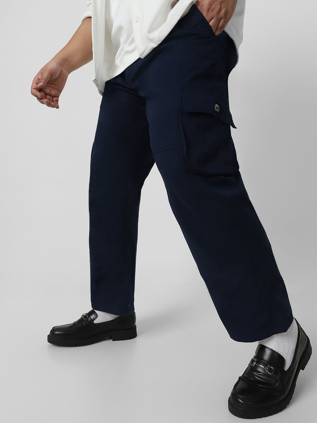 Plus Men's Navy Blue Regular Fit Solid Cargo Chino Pant with 6 Pockets