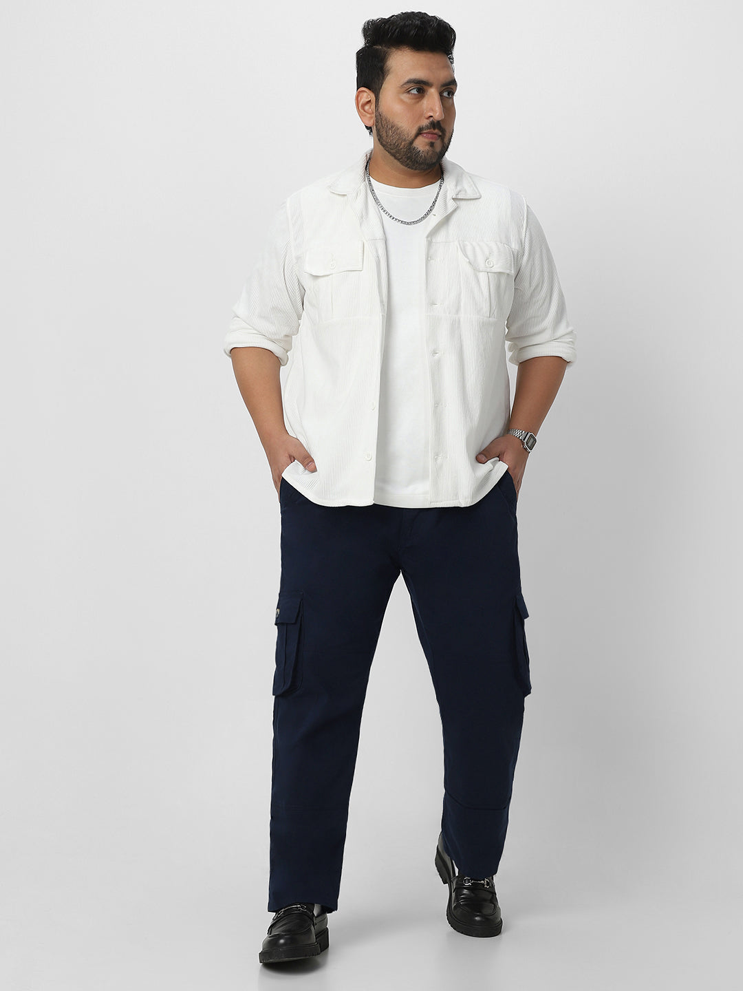 Plus Men's Navy Blue Regular Fit Solid Cargo Chino Pant with 6 Pockets