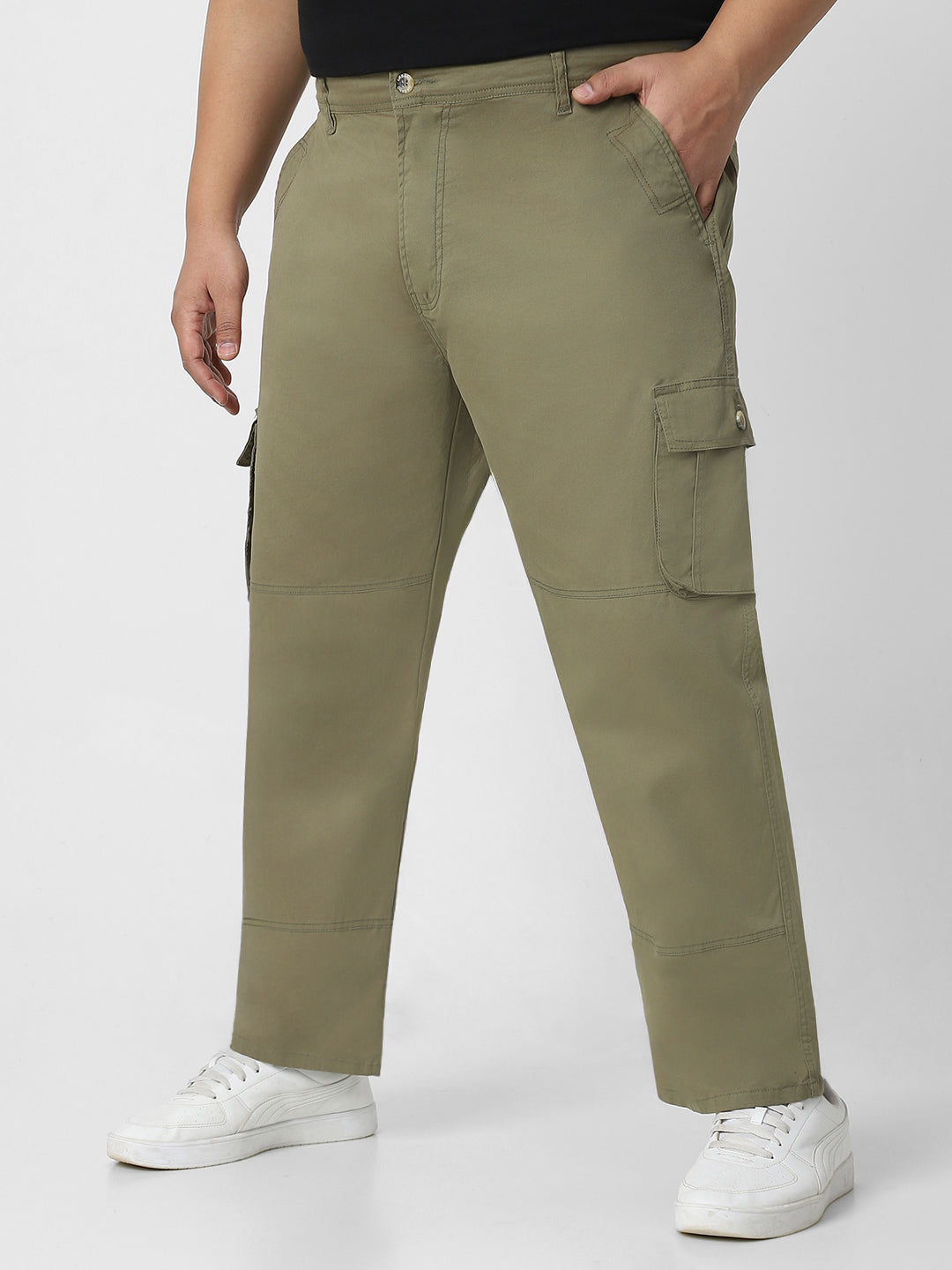 Plus Men's Olive Green Regular Fit Solid Cargo Chino Pant with 6 Pockets