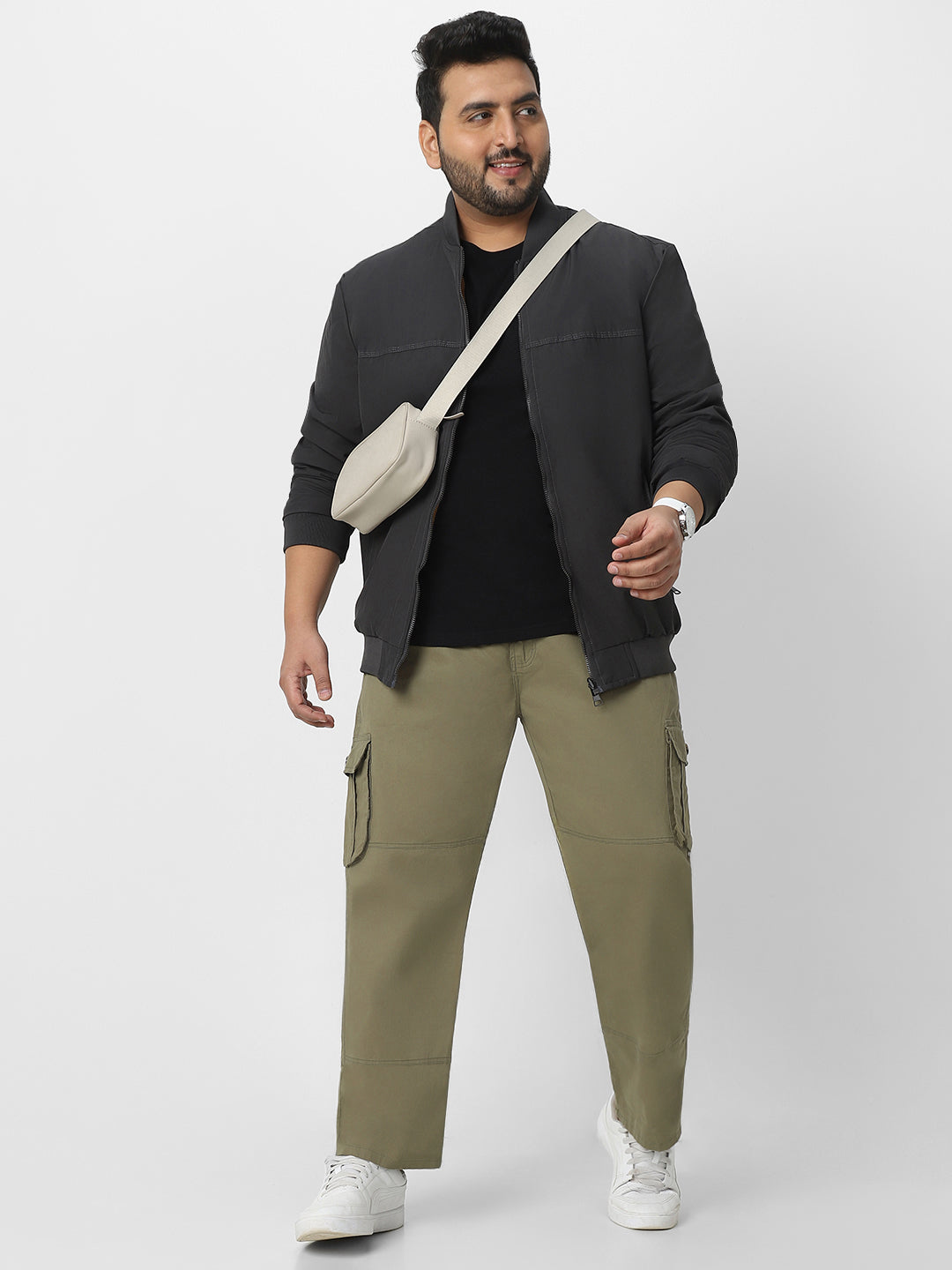 Plus Men's Olive Green Regular Fit Solid Cargo Chino Pant with 6 Pockets