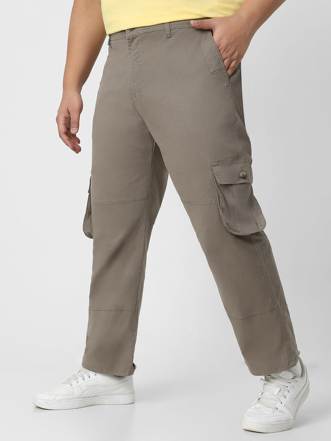 Plus Men's Grey Regular Fit Solid Cargo Chino Pant with 6 Pockets