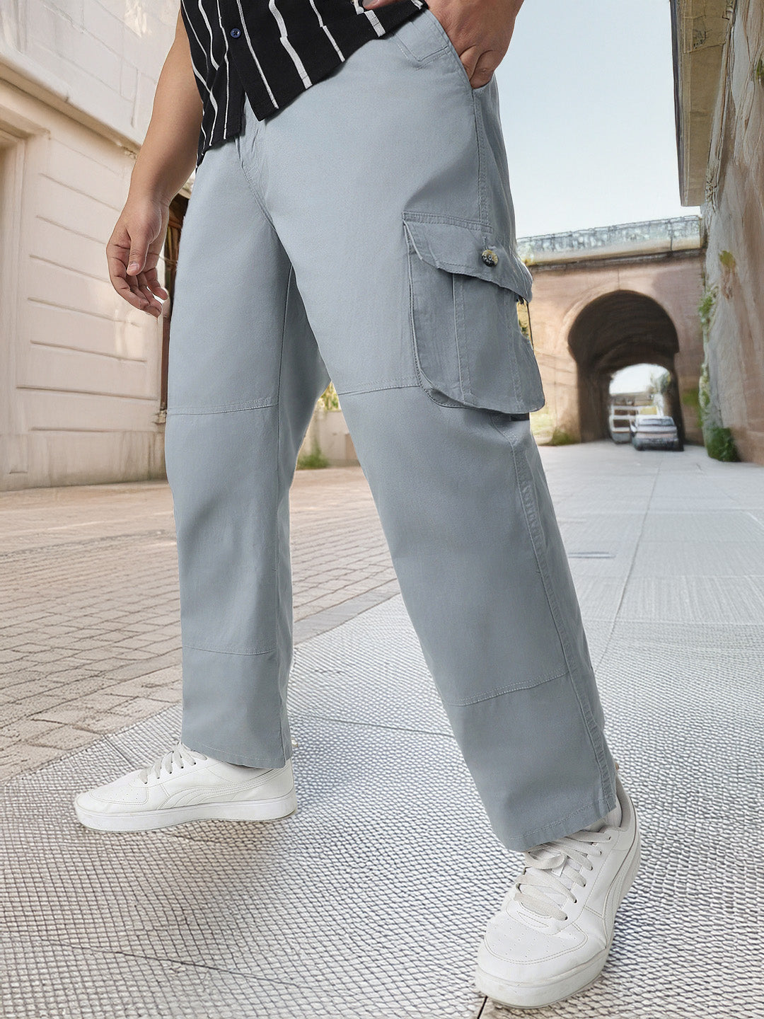 Plus Men's Light Blue Regular Fit Solid Cargo Chino Pant with 6 Pockets