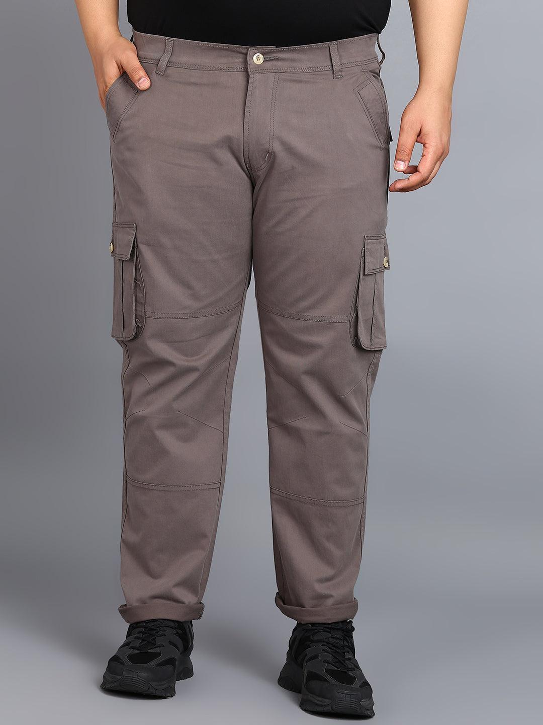 Plus Men's Dark Grey Regular Fit Solid Cargo Chino Pant with 6 Pockets
