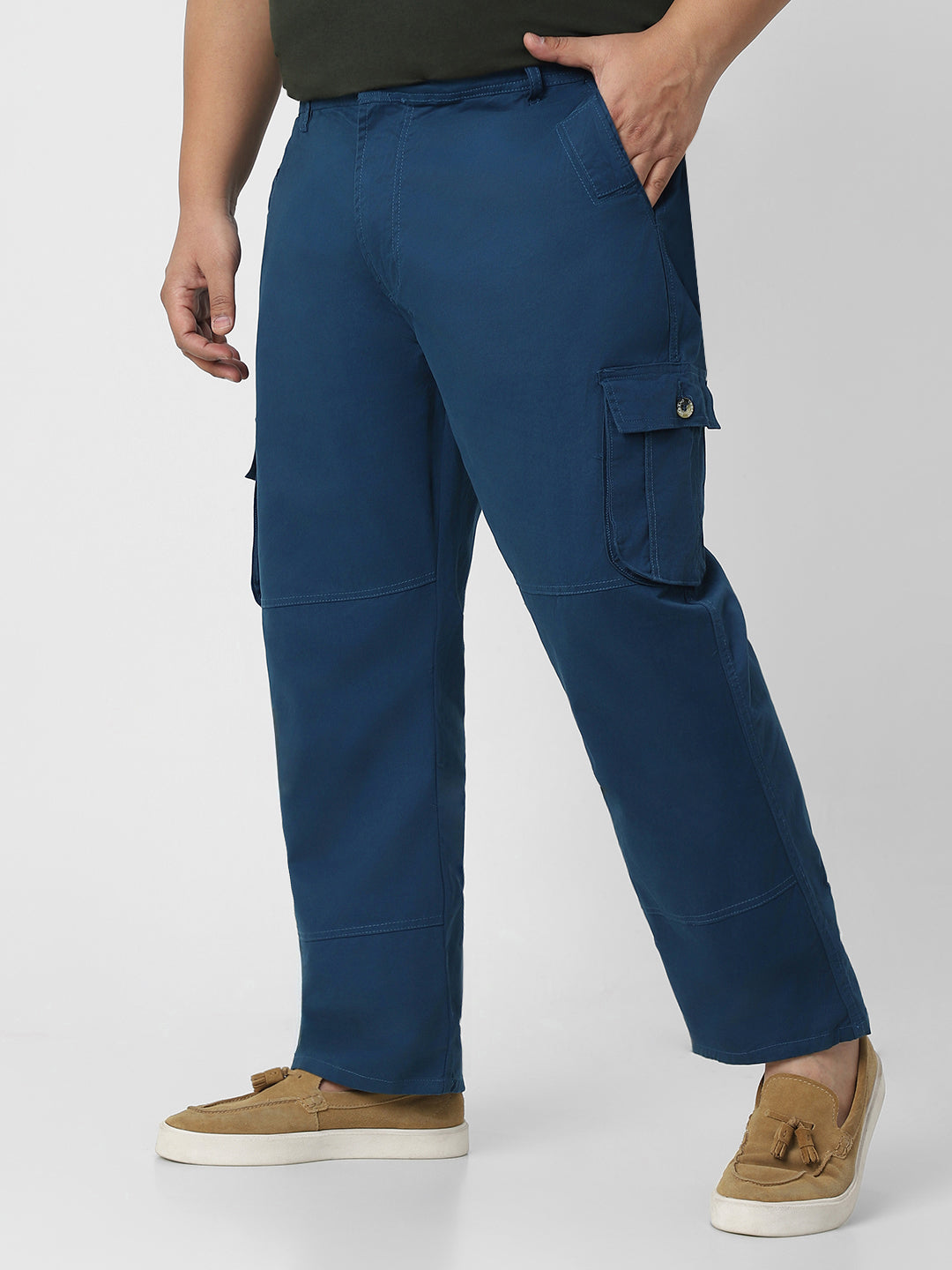 Plus Men's Royal Blue Regular Fit Solid Cargo Chino Pant with 6 Pockets