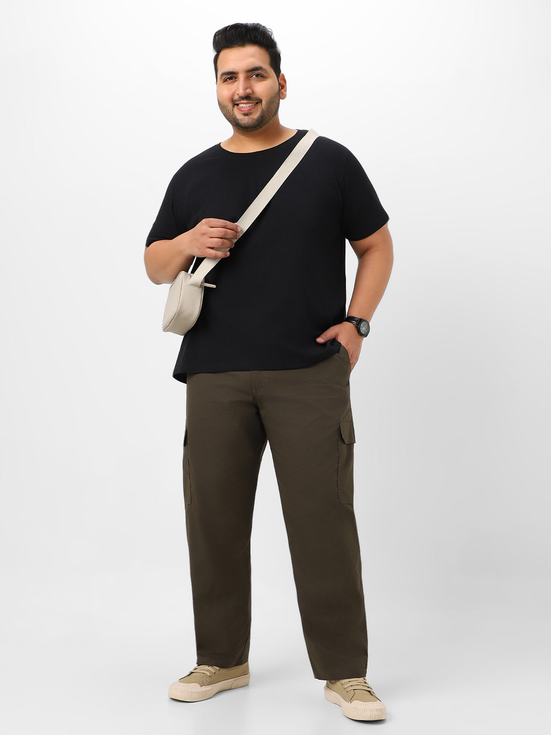 Plus Men's Dark Olive Regular Fit Solid Cargo Chino Pant With 6 Pockets