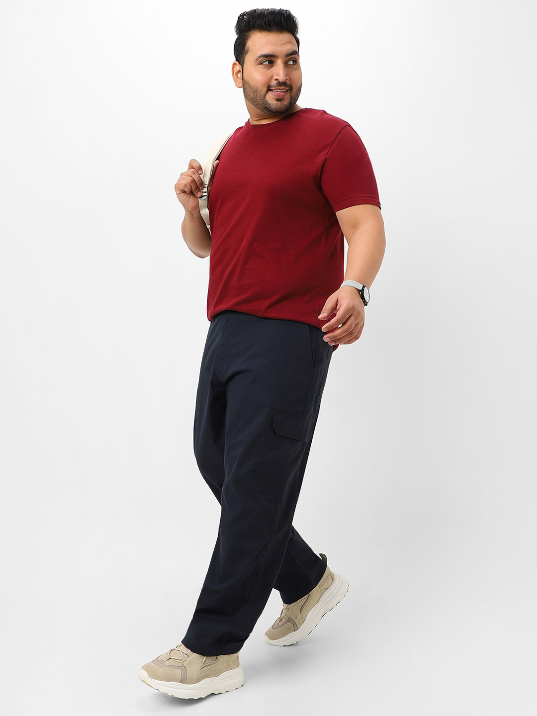 Plus Men's Navy Blue Regular Fit Solid Cargo Chino Pant With 6 Pockets