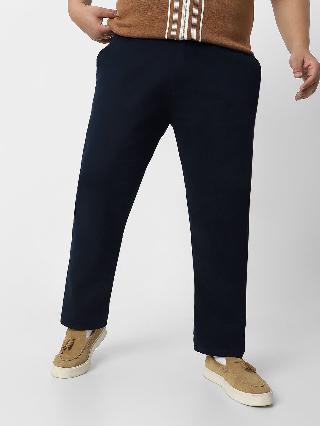 Plus Men's Navy Blue Cotton Regular Fit Casual Chino Pants Stretch