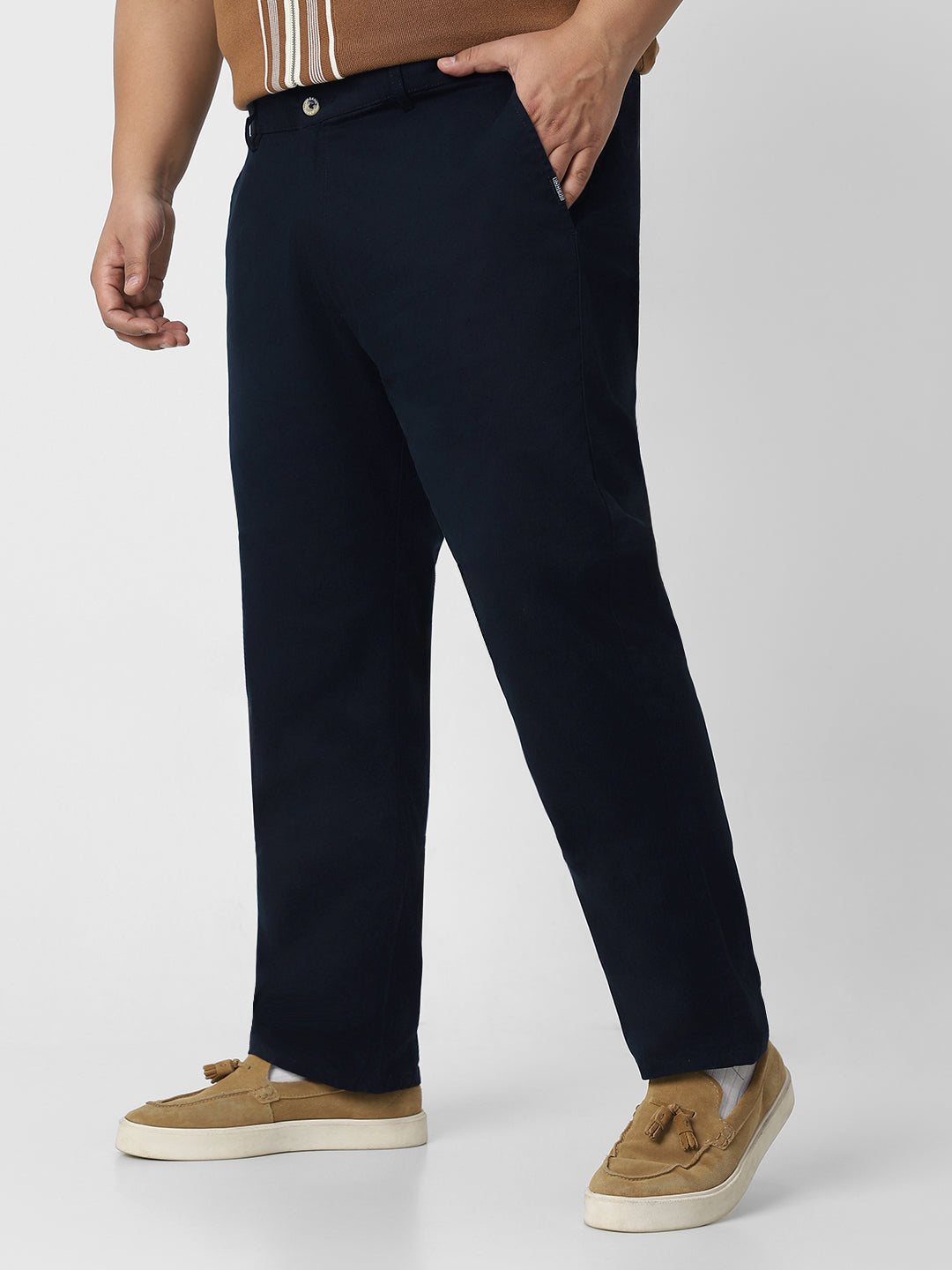 Plus Men's Navy Blue Cotton Regular Fit Casual Chino Pants Stretch