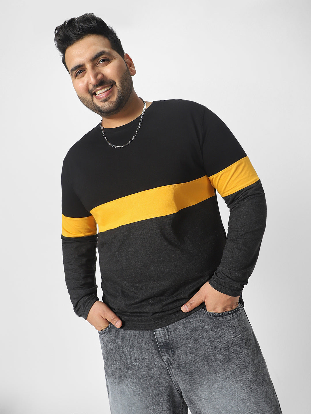 Plus Men's Black, Yellow, Charcoal Grey Color-Block Regular Fit Full Sleeve Cotton T-Shirt