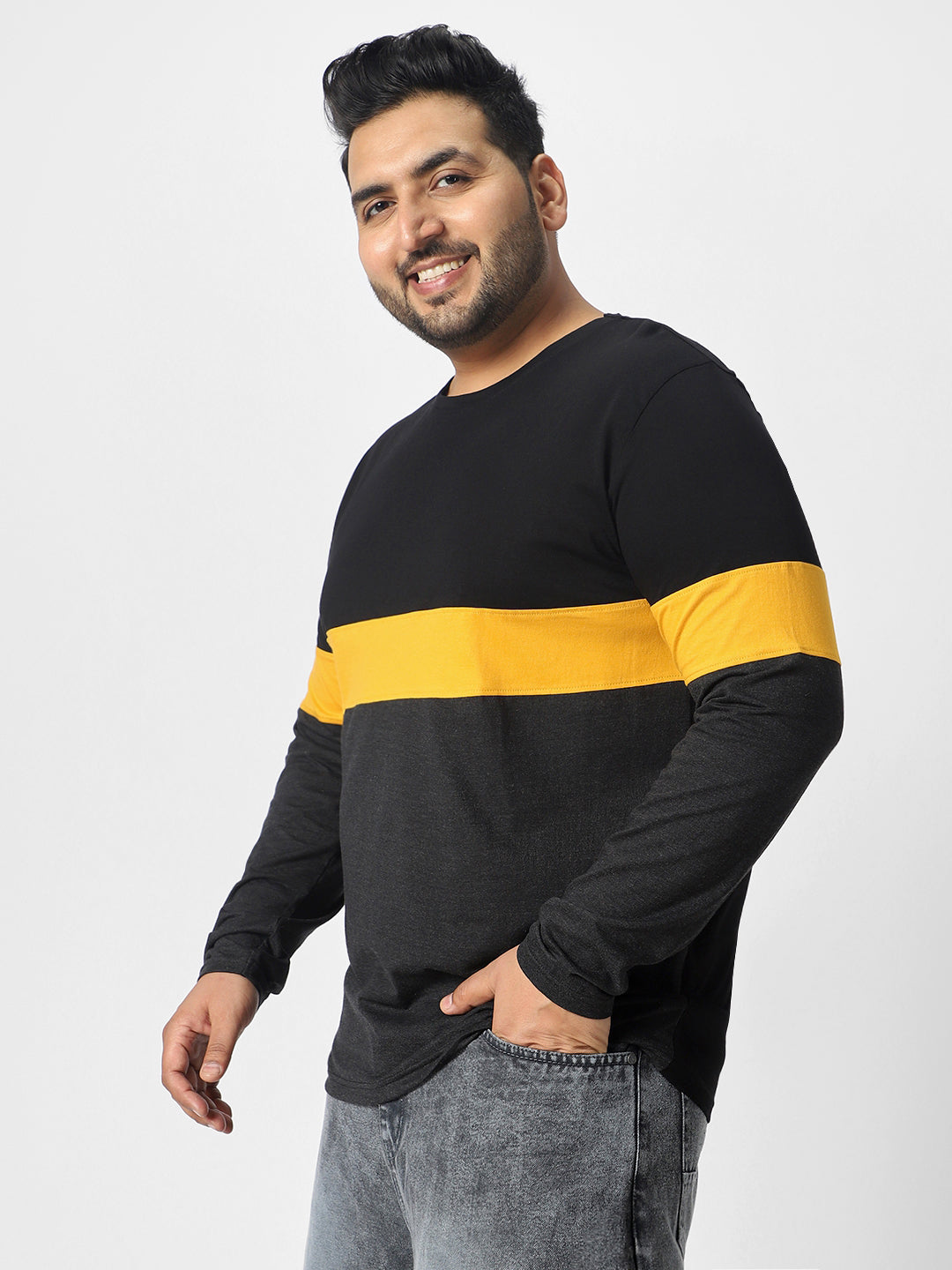 Plus Men's Black, Yellow, Charcoal Grey Color-Block Regular Fit Full Sleeve Cotton T-Shirt