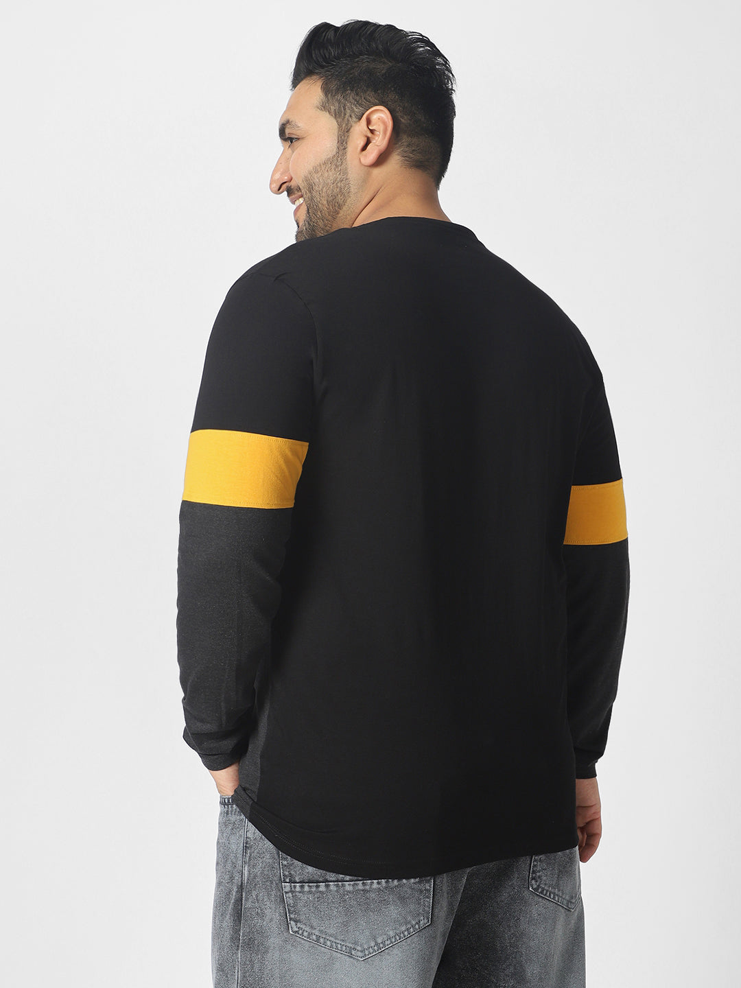 Plus Men's Black, Yellow, Charcoal Grey Color-Block Regular Fit Full Sleeve Cotton T-Shirt