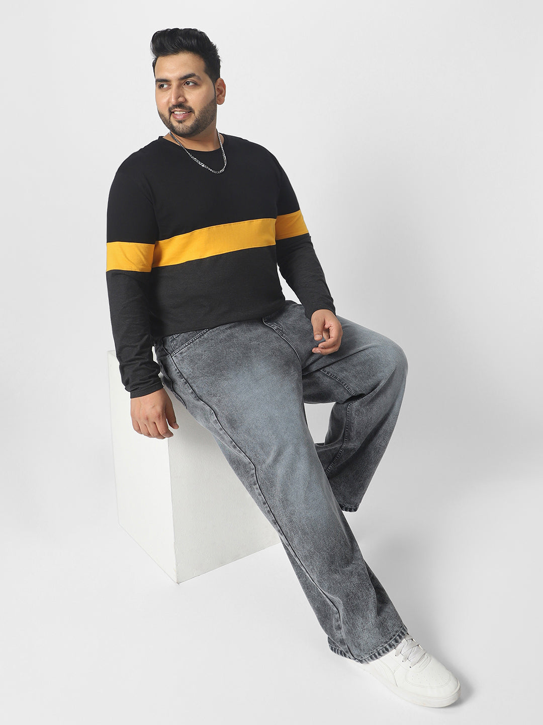 Plus Men's Black, Yellow, Charcoal Grey Color-Block Regular Fit Full Sleeve Cotton T-Shirt