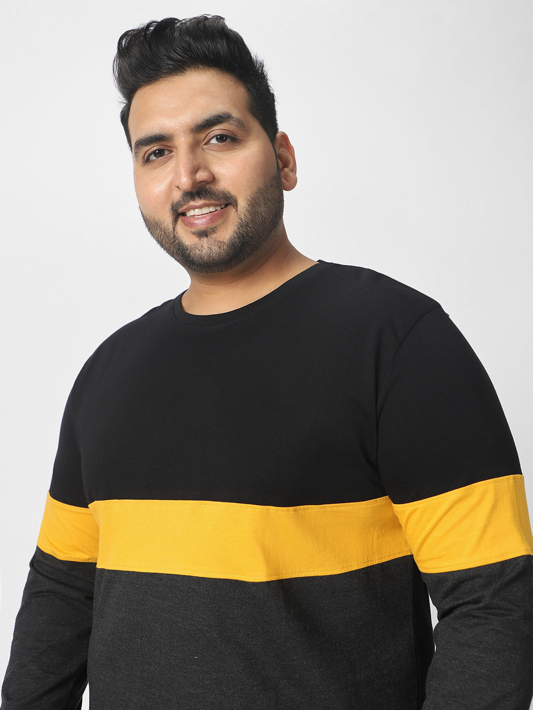 Plus Men's Black, Yellow, Charcoal Grey Color-Block Regular Fit Full Sleeve Cotton T-Shirt