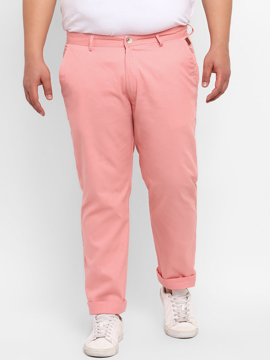 Plus Men's Pink Cotton Regular Fit Casual Chinos Trousers