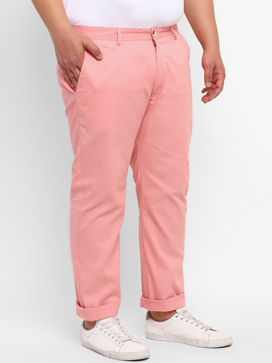 Plus Men's Pink Cotton Regular Fit Casual Chinos Trousers