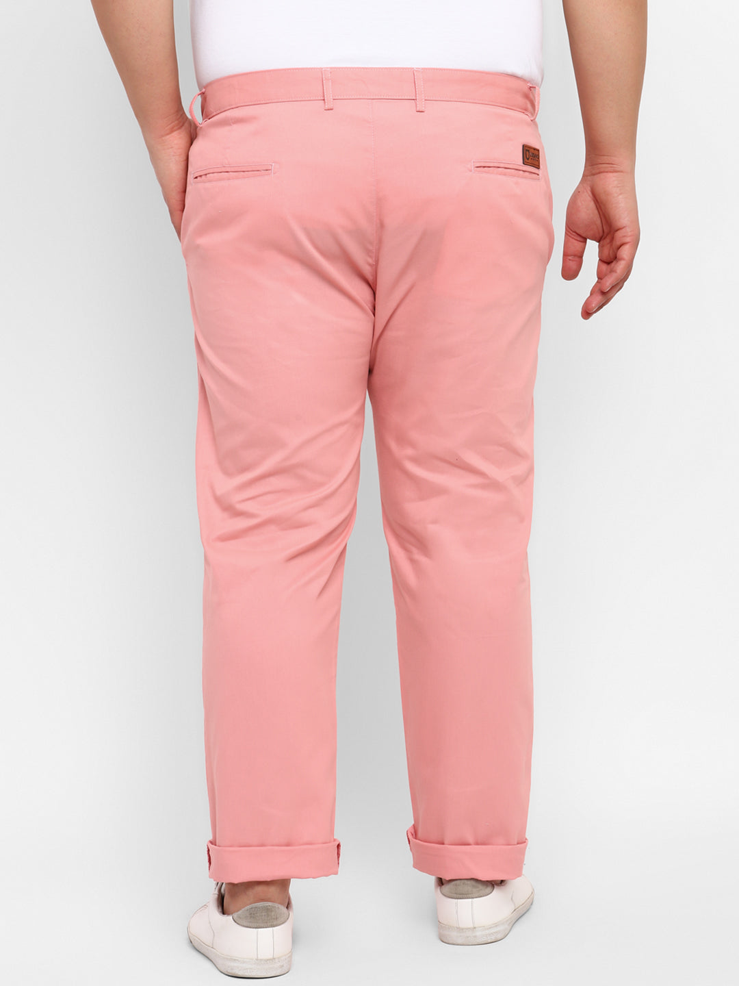 Plus Men's Pink Cotton Regular Fit Casual Chinos Trousers