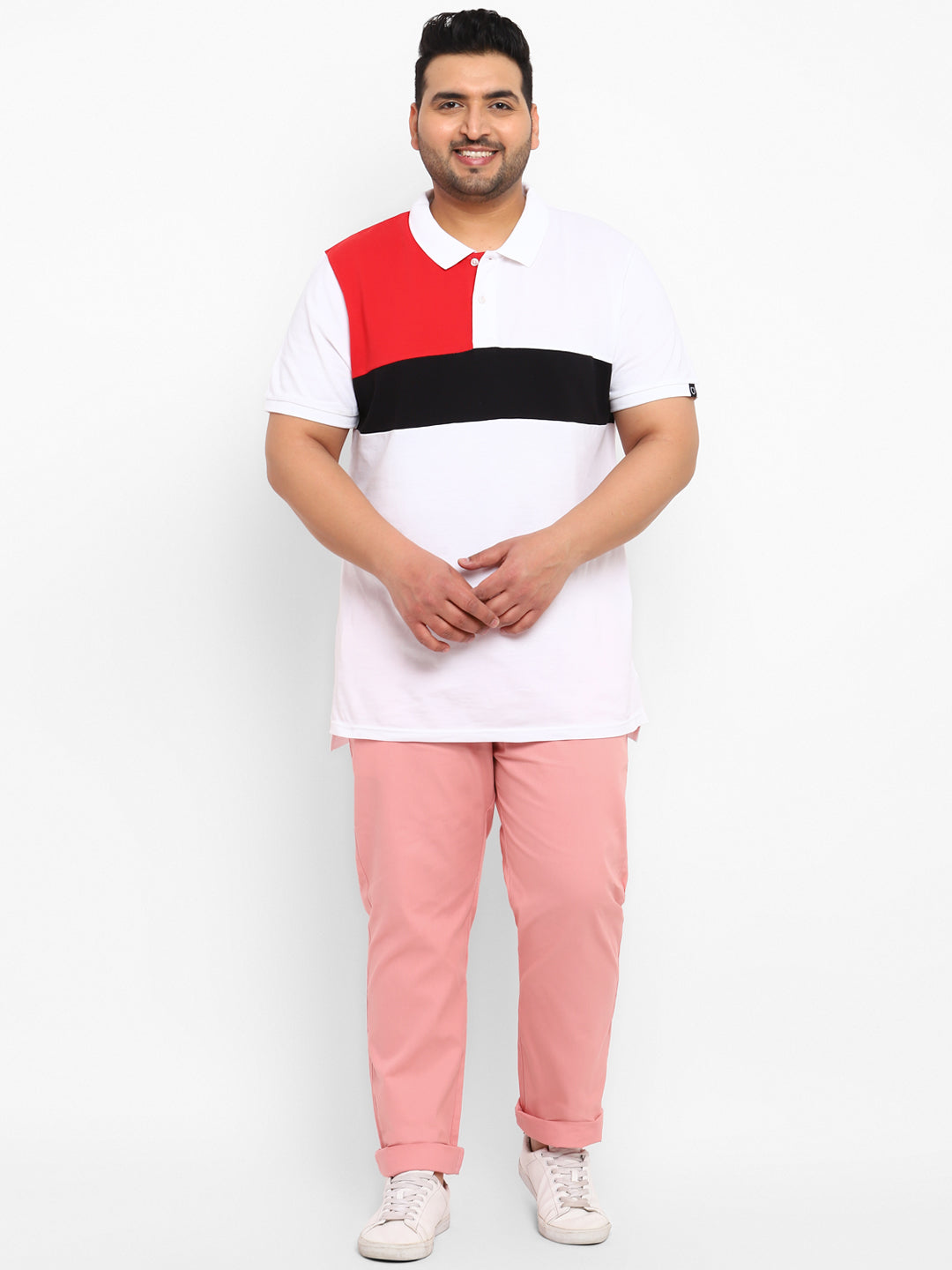 Plus Men's Pink Cotton Regular Fit Casual Chinos Trousers