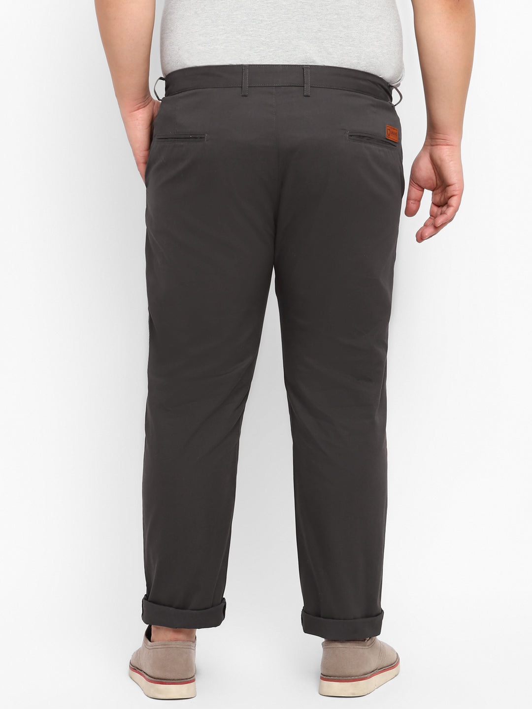 Plus Men's Grey Cotton Regular Fit Casual Chinos Trousers