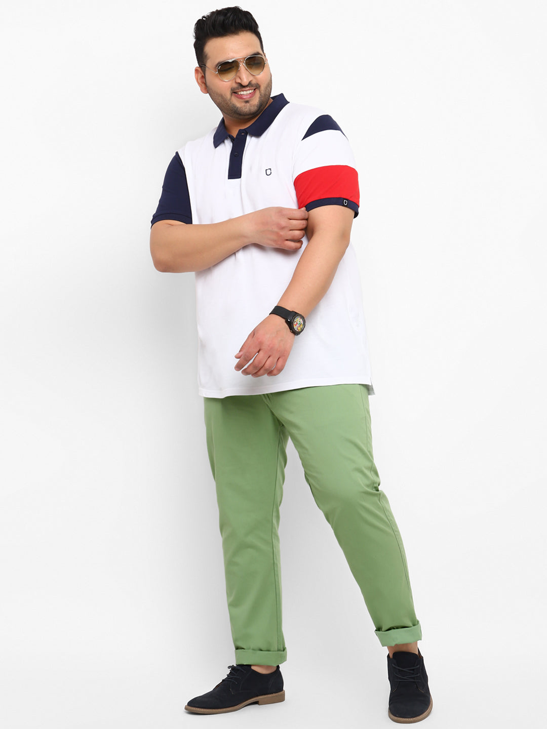 Plus Men's Green Cotton Regular Fit Casual Chinos Trousers