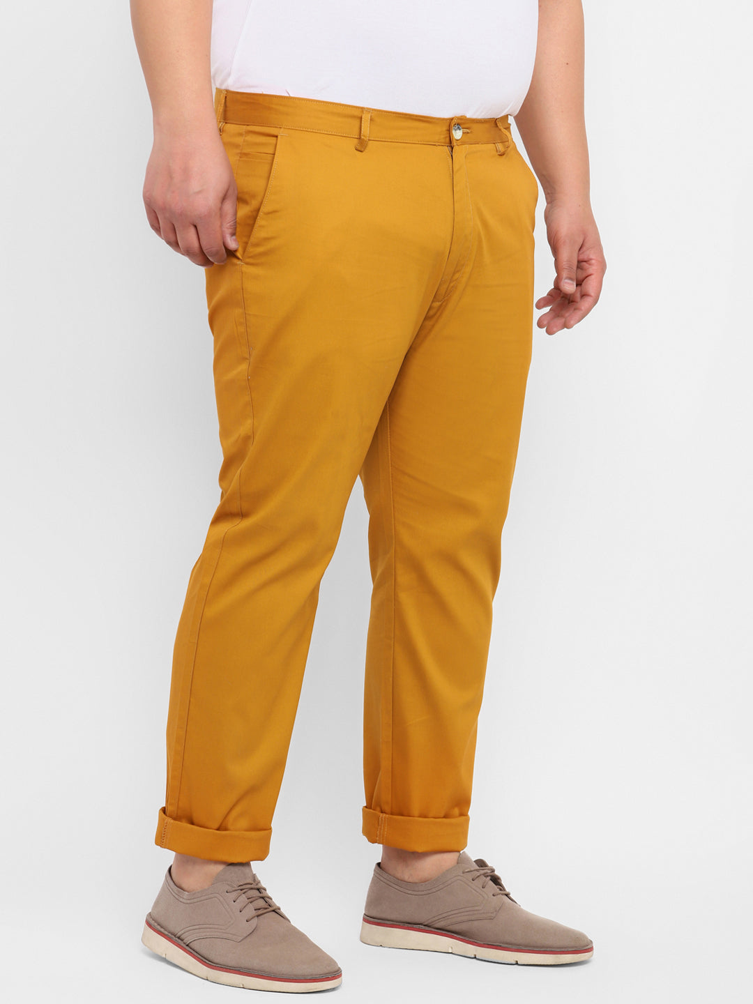 Plus Men's Yellow Cotton Regular Fit Casual Chinos Trousers