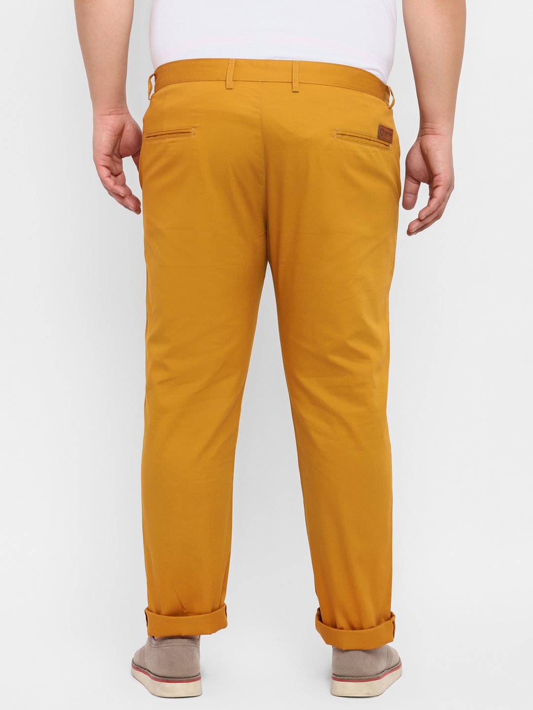 Plus Men's Yellow Cotton Regular Fit Casual Chinos Trousers