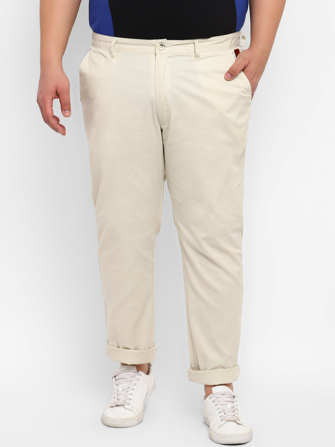 Plus Men's Cream Cotton Regular Fit Casual Chinos Trousers