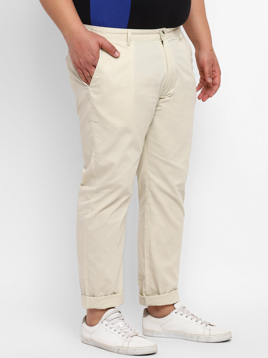 Plus Men's Cream Cotton Regular Fit Casual Chinos Trousers