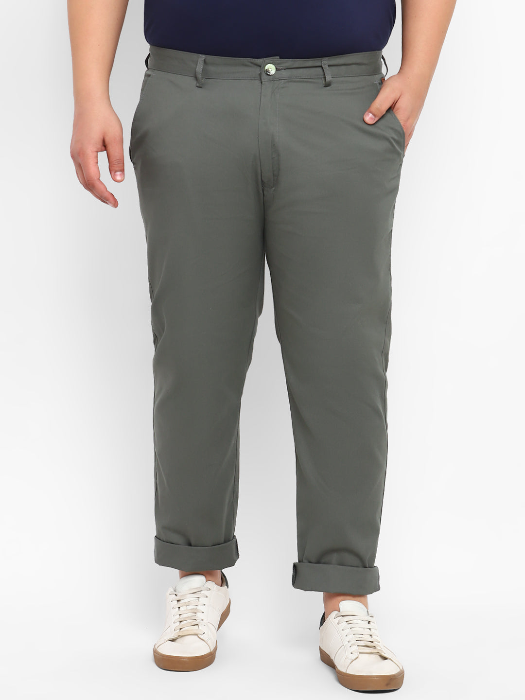 Plus Men's Dark Green Cotton Regular Fit Casual Chinos Trousers